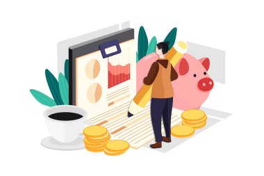 İş kadını Bütçe Planlama Çizimi konsepti. Düz illüstrasyon beyaz arkaplanda izole edildi.