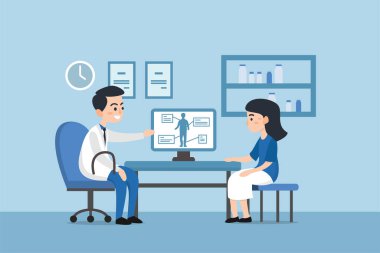 Hasta kadın, hastane ofisinde birincil bakım doktoruyla konuşuyor. Doktorla klinik randevusu, sağlık görevlileriyle sağlık kontrolü sonuçları hakkında konuşma..