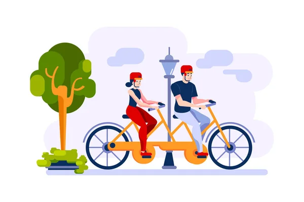 公園で男と女が二輪自転車に乗っている ベクターイラスト — ストックベクタ