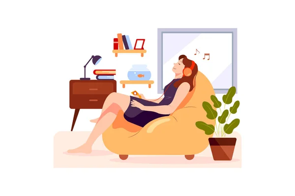 Stay Home Concept Girl Relaxing Couch Listening Music — Stock Vector