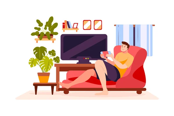Stay Home Concept Boy Playing Video Game — Stock Vector