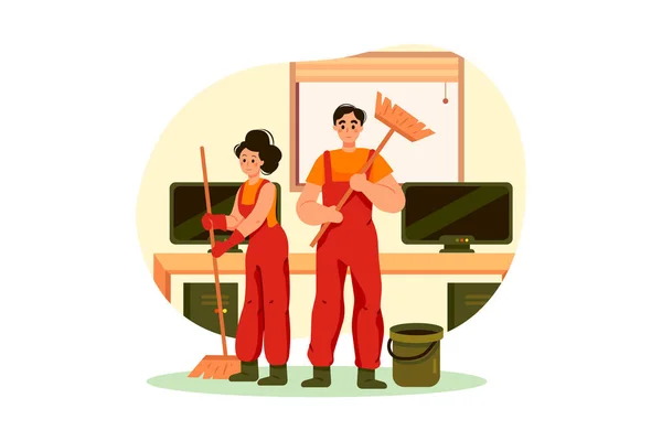 Cleaning Team Professional Equipment Ready Work — 图库矢量图片