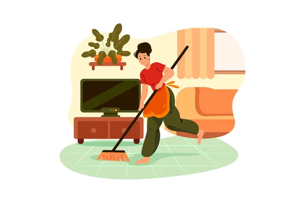 Limpieza Hombre Sosteniendo Escoba Satisfecho Con Una Casa Limpia — Vector de stock