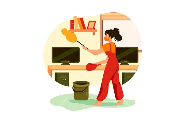 Petugas Kebersihan Membersihkan Kantor Dengan Sikat Bulu - Stok Vektor