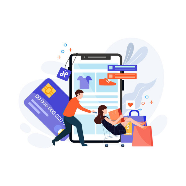 Online shopping concept with characters. Commercial checkout pay, ecommerce retail on device for customer application. Discount for woman smart purchasing.