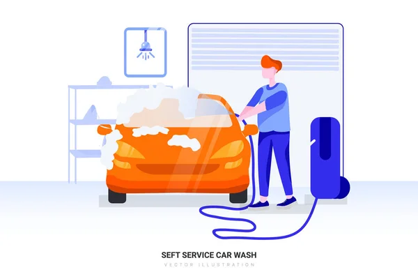 高圧水を使って車を掃除する 男の高圧水 サービスの下で自分の車を洗う Webバナー インフォグラフィック ヒーロー画像に使用できます フラットスタイルカラー現代ベクトルイラスト — ストックベクタ