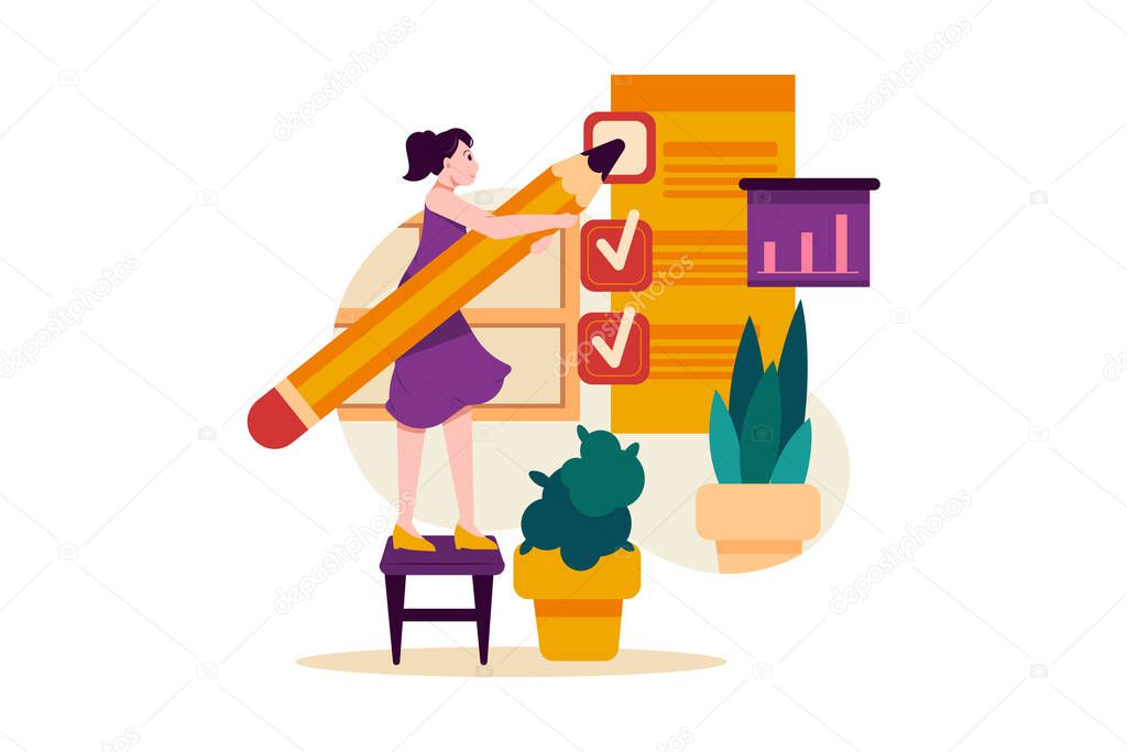 Task list concept. Lady standing on a stool and tick inbox for completed work in list