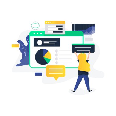 Web sitesi için web sayfası tasarımı yapan ve grafiklerle etkileşime giren insanların modern düz vektör illüstrasyon kavramı. İş ve iş akışı yönetimi. Yaratıcı iniş sayfası tasarımı şablonu.