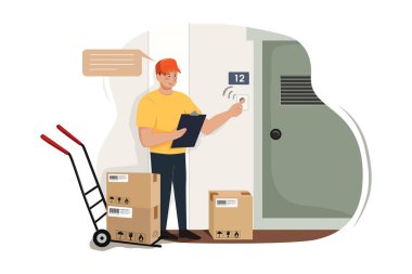 Üniformalı teslimatçı karakteri. Vektör İllüstrasyon Konsepti