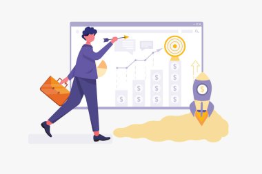 Startup Business Goals konsepti. Web afişi, mobil uygulama, kahraman resimleri için kullanılabilir. Beyaz arkaplanda düz vektör illüstrasyonu.