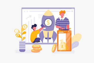 Startup Project konsepti karakter ile başlatılıyor. Web afişi, mobil uygulama, kahraman resimleri için kullanılabilir. Beyaz arkaplanda düz vektör illüstrasyonu.