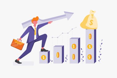 Karakterli iş büyümesi kavramı. Web afişi, mobil uygulama, kahraman resimleri için kullanılabilir. Beyaz arkaplanda düz vektör illüstrasyonu.