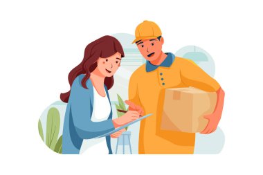 Müşteri faturasını imzalamak için nakliyecinin yanında duruyor. Vektör İllüstrasyon kavramı.