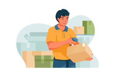 Nakliyeci bir kutunun barkodunu tarıyor. Vektör İllüstrasyon kavramı.