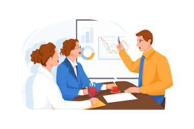 Adam, meslektaşlarına rehberlik etmek için haritayı işaret ediyor. Vektör İllüstrasyon Konsepti.