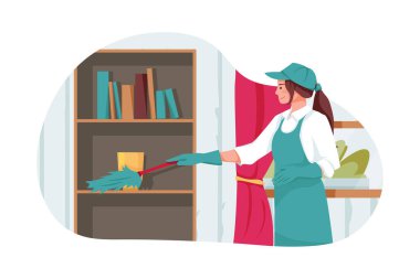 Temizlikçi ofisi tüy fırçasıyla temizliyor. Vektör illüstrasyon kavramı.