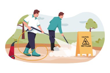 Temizlikçiler görevde. Vektör illüstrasyon kavramı.