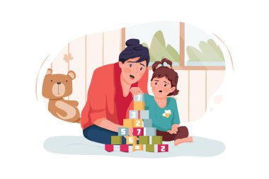 Bebek bakıcısı ve bebek kızı evde oyuncak küplerle oynuyorlar.