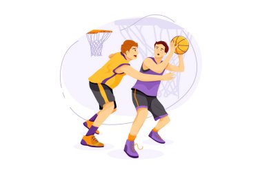 Zemin Vektör Illustration konseptinde basketbol oynayan öğrenciler. Düz illüstrasyon beyaz arkaplanda izole edildi.