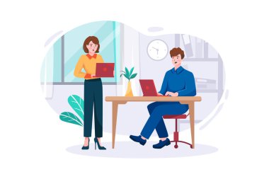Bilgi ya da talimat vermek için yönetim toplantısı. Erkek patron, iş brifinginde çekici bayan sekreter, ofis asistanı, görevler.