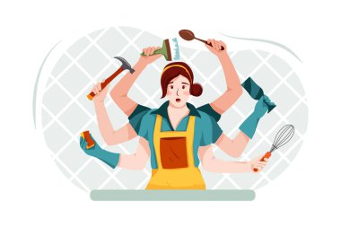 Ev hanımı panikledi, ilk olarak ne yapacağını bilemedi. Düz illüstrasyon beyaz arkaplanda izole edildi.