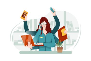 Meşgul bir kadın ofis çalışanının Vektör İllüstrasyon konsepti için yapacak çok işi vardır. Düz illüstrasyon beyaz arkaplanda izole edildi.