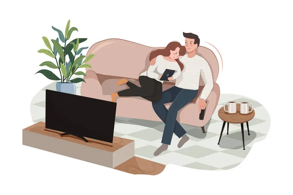 Young Man Watching Woman Using Tablet Sofa Home Vector Illustration — Stock Vector