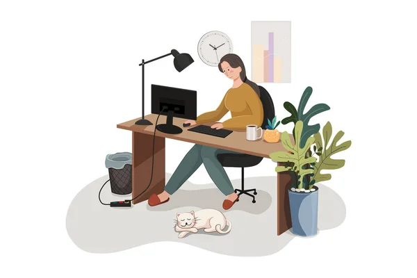 Γυναίκα Που Δουλεύει Στο Γραφείο Της Στο Σπίτι Εικονογράφηση Διανύσματος — Διανυσματικό Αρχείο
