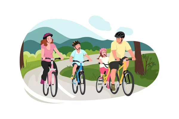 Baba Kardeşler Anne ve Bebek Bisiklet Sürme. Baba, kardeş, bebek bisikleti süren anne, düz vektör çizimi. Aile sporu ve eğlence konsepti tasarımı