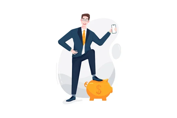 Businessman Holding Phone Hand Putting Leg Piggy Bank Concept Illustration — Stock Vector