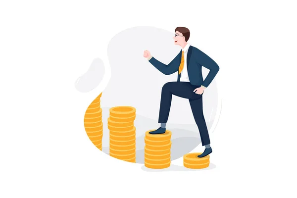 Happy Businessman Goes Large Coins Concept Illustration — Stock Vector