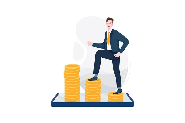Happy Businessman Goes Large Coins Concept Illustration — Stock Vector