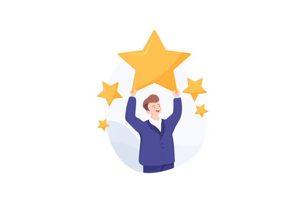Businessman holding five gold stars for rating, quality and business concept
