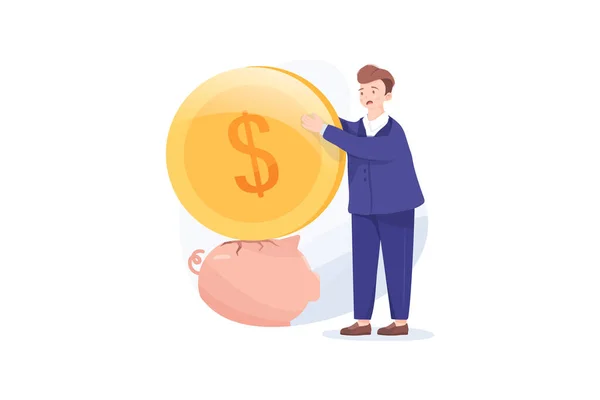 Businessman Tries Put Large Coin Piggy Bank Concept Saving Money — Stock Vector
