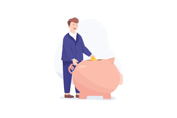 Man Suit Businessmen Manager Puts Money Piggy Bank Vector Illustration — Stock Vector