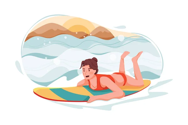 Lady Genießt Das Surfen Meer Vector Illustration Konzept Flache Abbildung — Stockvektor