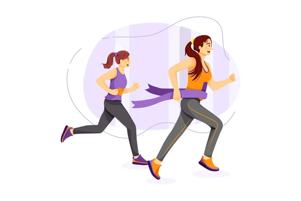 Frauen Gewinnen Und Überqueren Die Ziellinie Des Marathons Vector Illustration — Stockvektor