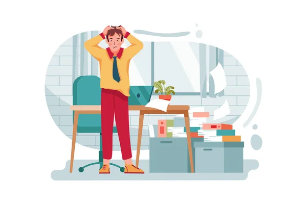 Homme Stressé Avec Ordinateur Portable Bureau Vector Illustration Concept Illustration — Image vectorielle