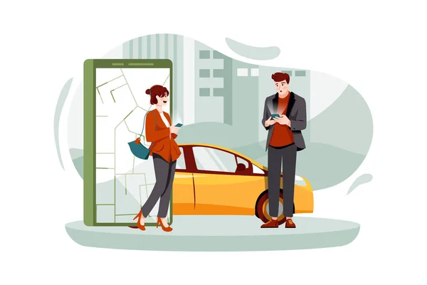 Pessoas Usando Line Encomendar Táxi Carro Partilha Aplicação Móvel Conceito — Vetor de Stock