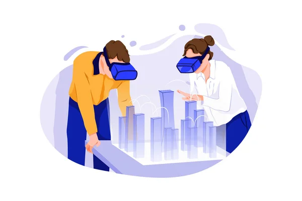 Male Female Architects Wearing Augmented Reality Headsets Work City Model — Stock Vector