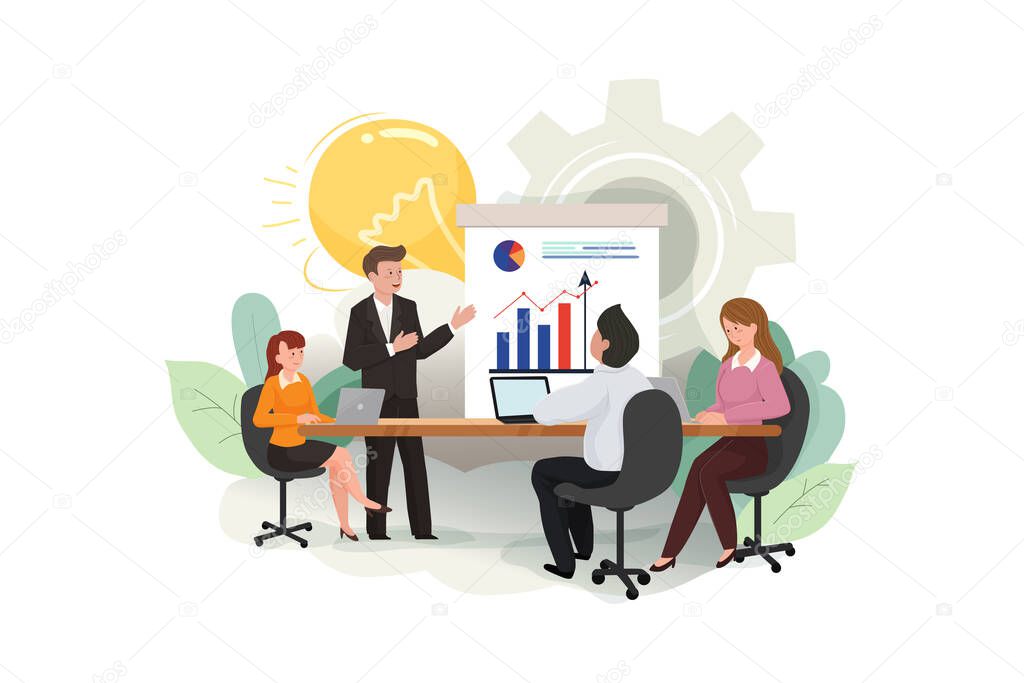 Businessmen and businesswomen meeting brainstorming ideas conducting business presentation. Vector Illustration concept.