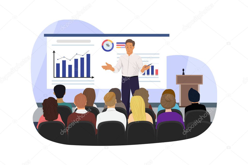 Speaker at business meeting in the conference hall. Vector Illustration concept.