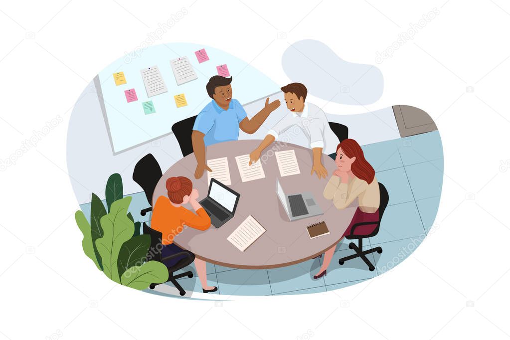 Group of people working out business plan in an office. Vector Illustration concept.