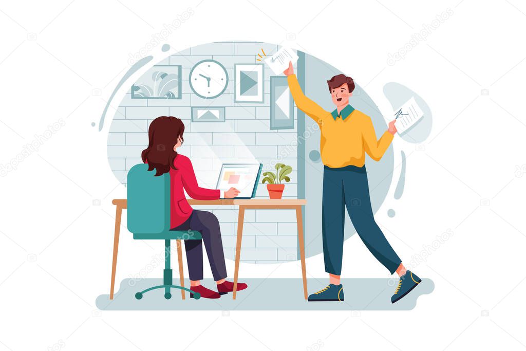 Employee enters the room and gives the contract paper to the manager Vector Illustration concept. Flat illustration isolated on white background.