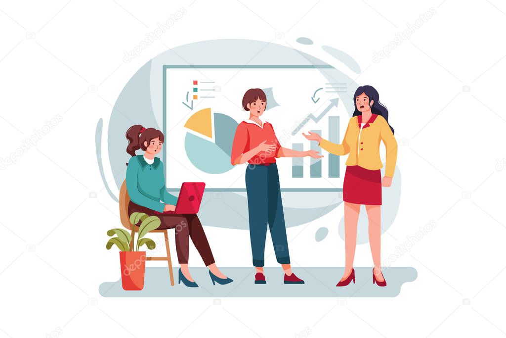 Group of analysts working on graphs Vector Illustration concept. Flat illustration isolated on white background.