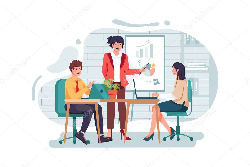 Young business woman giving presentation on future plans to his colleagues at office Vector Illustration concept. Flat illustration isolated on white background.
