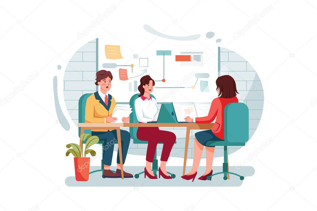 Group of people working out business plan in the office Vector Illustration concept. Flat illustration isolated on white background.