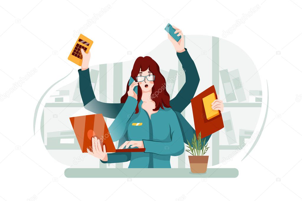 A busy female office worker has many things to do Vector Illustration concept. Flat illustration isolated on white background.