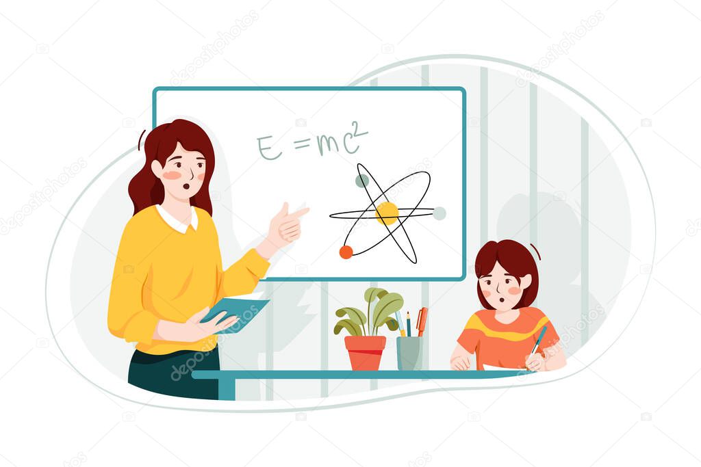 Teaching Mathematics. Maths teacher teaching rules to her student and guide to writing a note