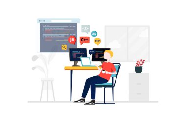 Yazılım ve programlamanın geliştirilmesi. Bilgisayar ekranında ve telefon ekranında program kodu. Piyasaya yeni bir ürün çıkar. Düz izometrik bir dizüstü bilgisayar. İniş sayfasından ya da pankarttan tasarım şablonu
